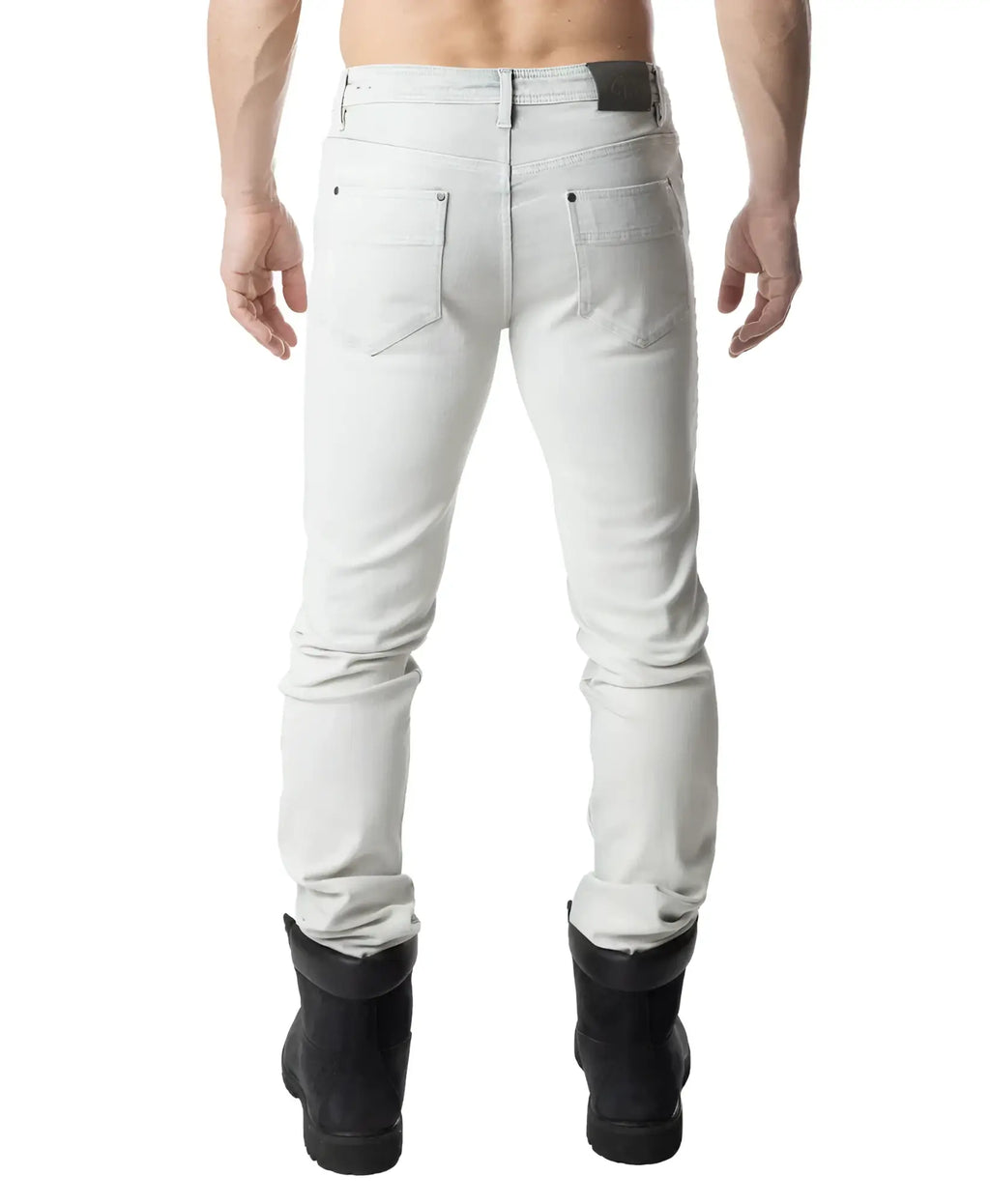 Light gray slim-fit bleached denim jeans with a subtle faded wash and black leather belt loop