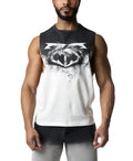 Black and white distressed batman logo sleeveless tank top by oxidize brandmark shredder in cotton material