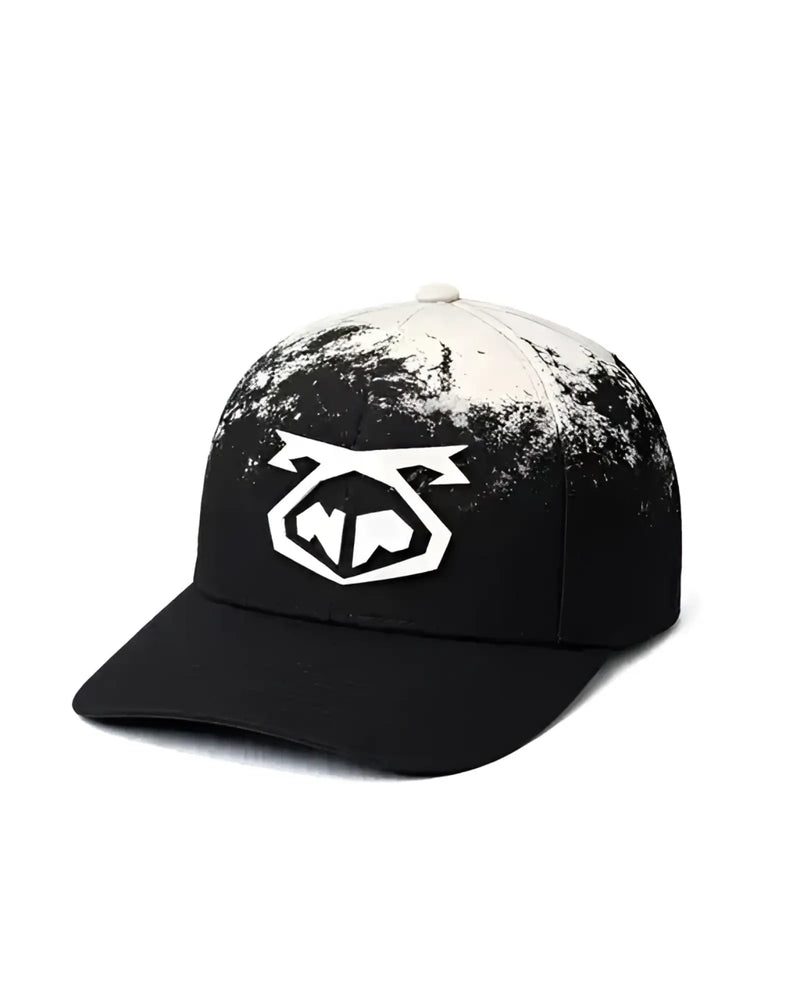 Oxidize snout cap black baseball cap with white splatter paint effect and bold geometric logo on front