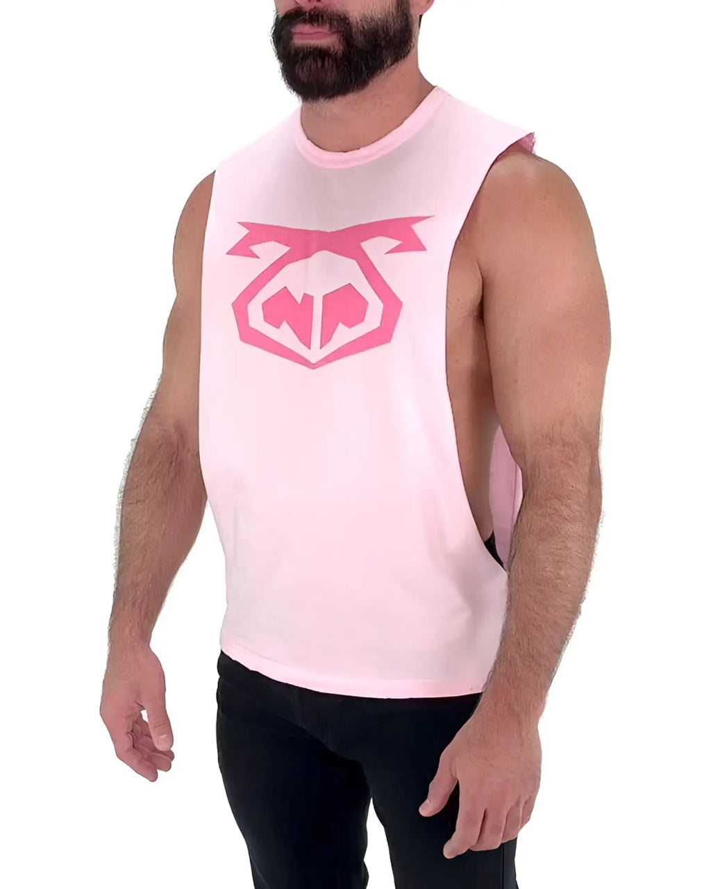 Pink sleeveless muscle tank top with bold pink geometric logo on chest by nasty pig size l