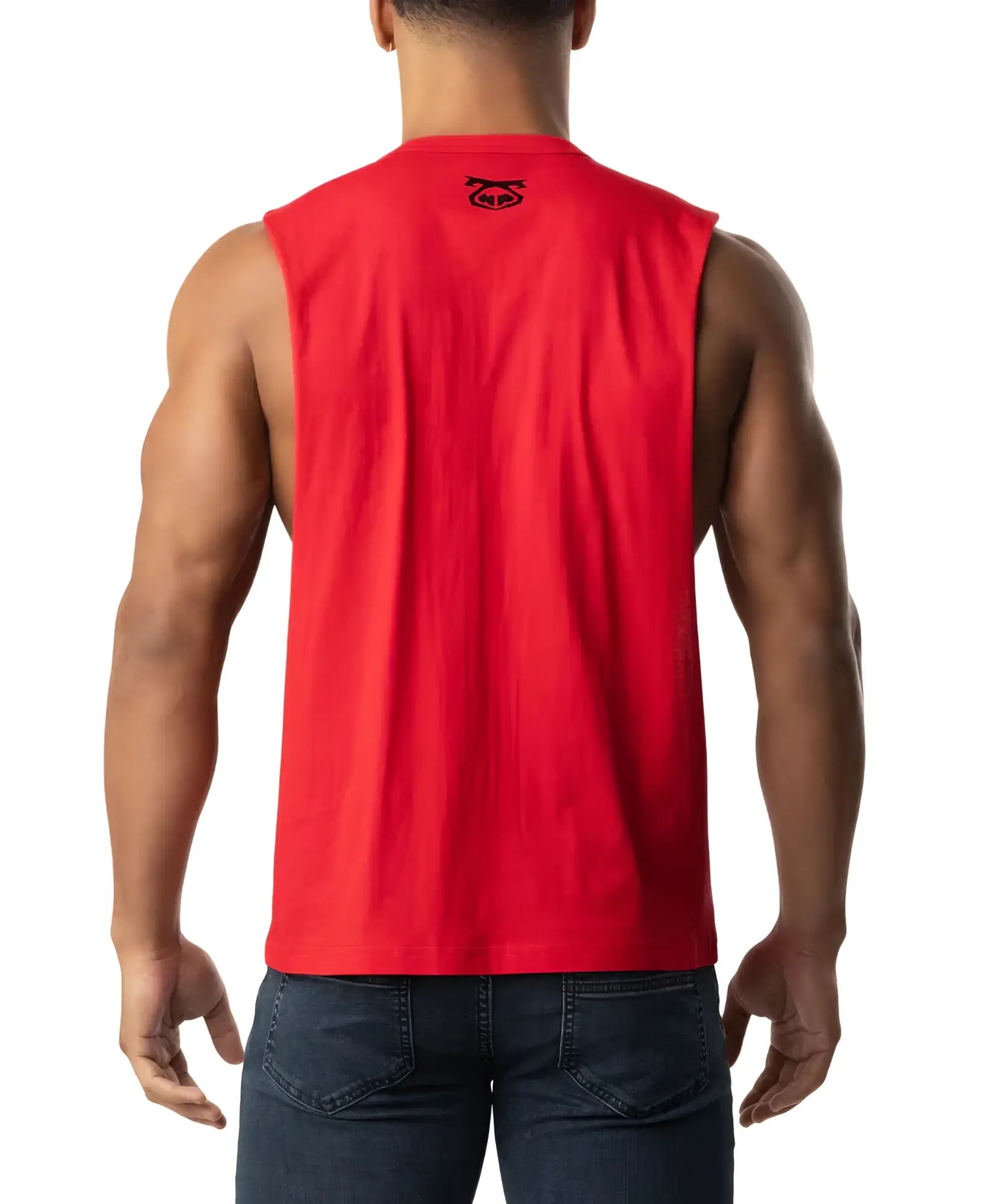 Red sleeveless muscle tank top with small black logo at neckline designed for active workouts and casual wear