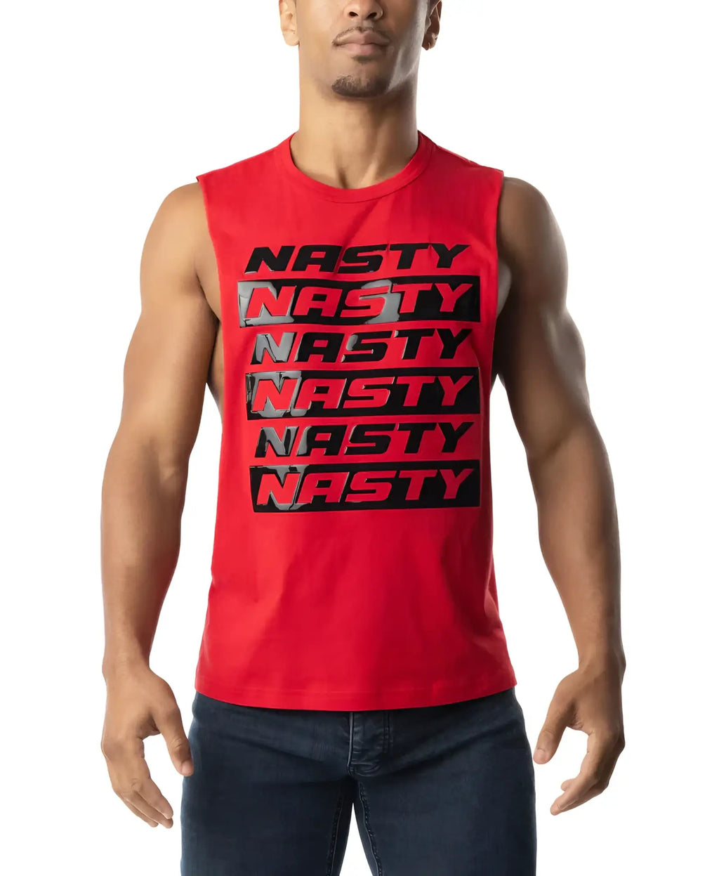 Red sleeveless muscle tank top with bold black nasty text stacked across the chest for intense workouts