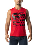 Red sleeveless muscle tank top with bold black nasty text stacked across the chest for intense workouts