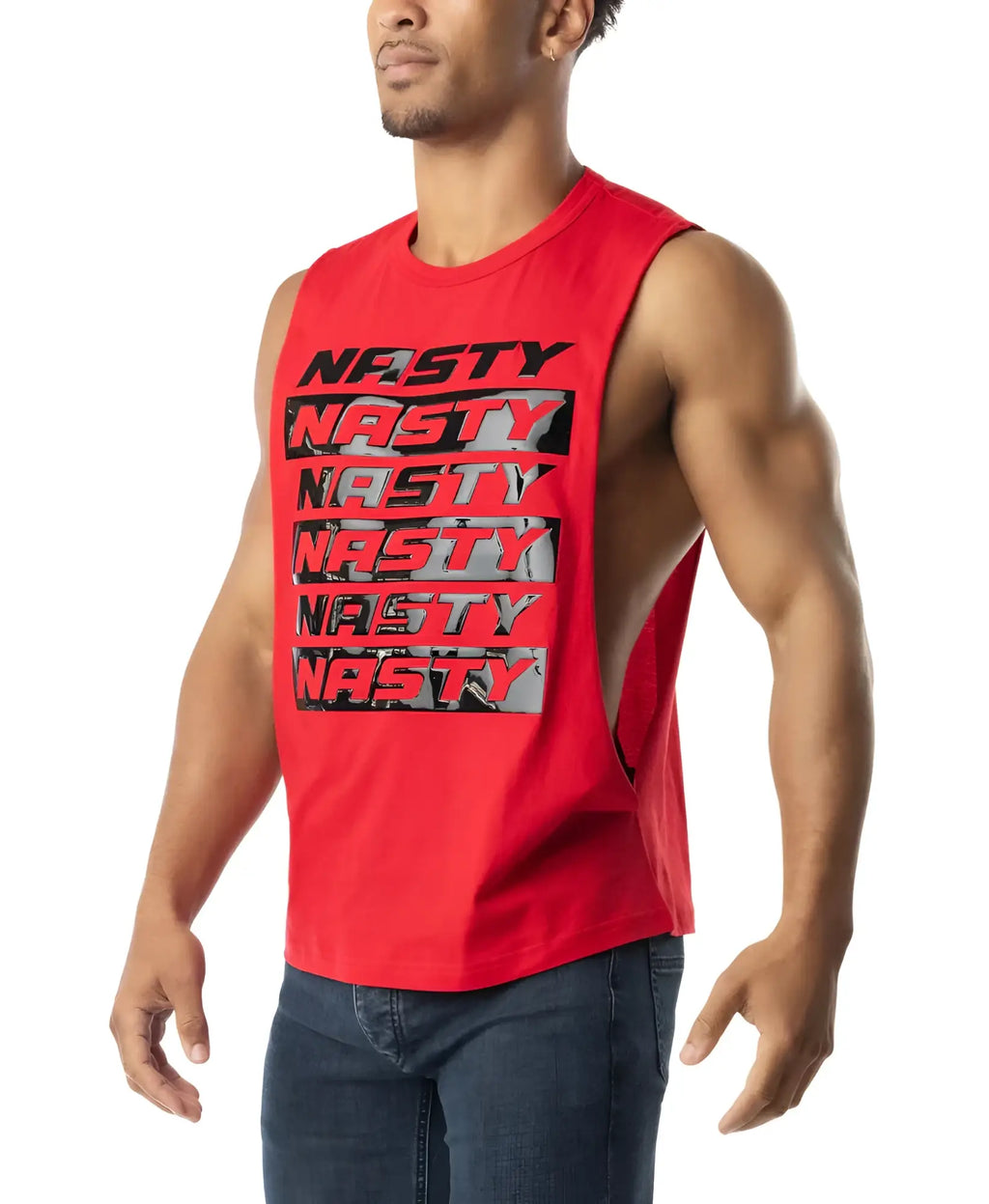 Red sleeveless muscle tank top with bold black and gray nasty text across the chest for gym and casual wear