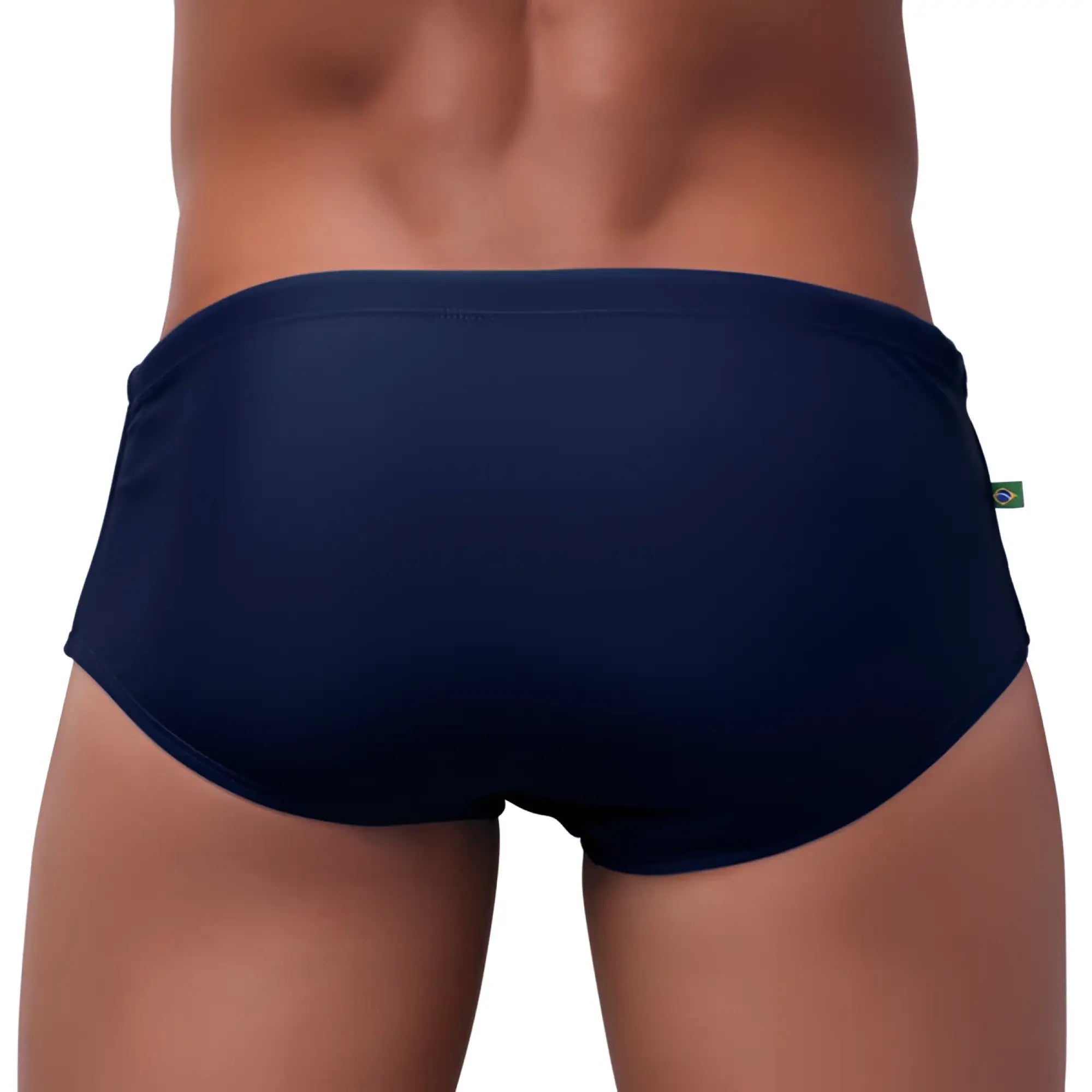 Navy blue men’s swimming sunga with a small green and white flag tag on the waistband clearance final sales