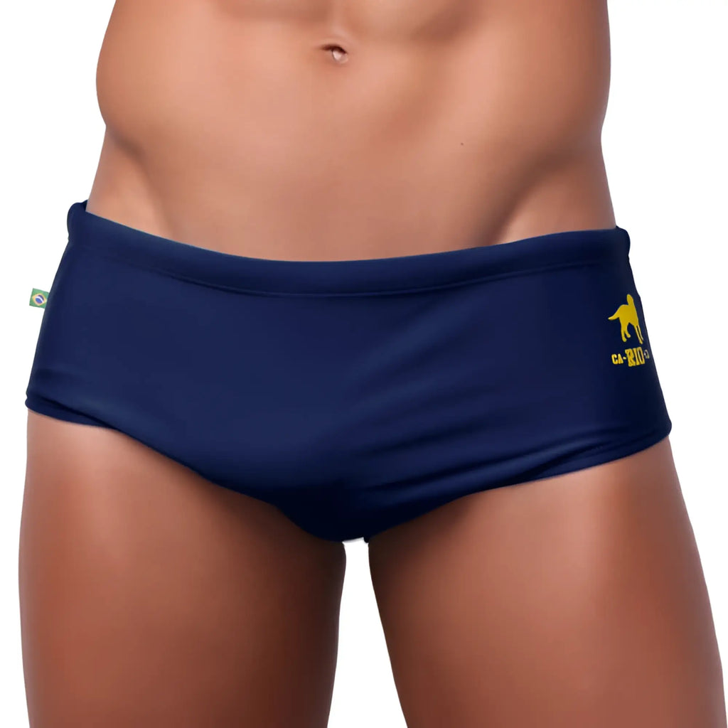 Navy blue men’s swimming sunga with yellow dog logo and ca 201 text on the side clearance final sales