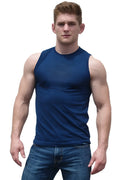 Navy sleeveless athletic fit barefront tank top with crew neckline made of fitted stretchy fabric