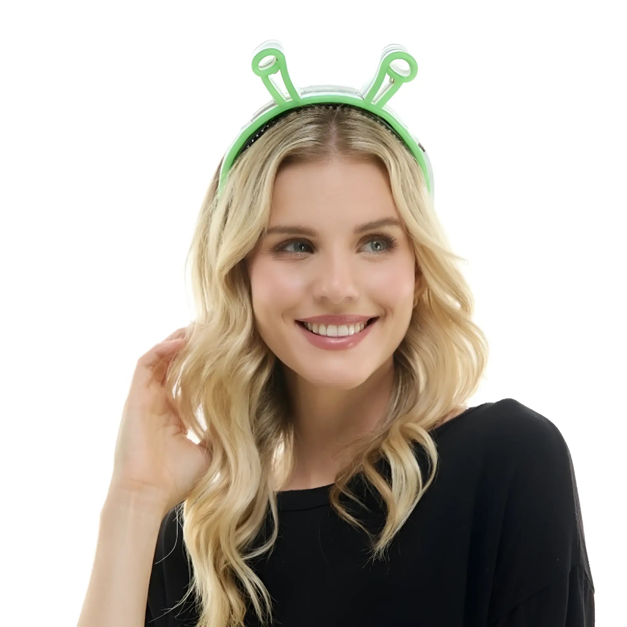 A bright green plastic neon alien headband with two antennae for fun costume or party wear
