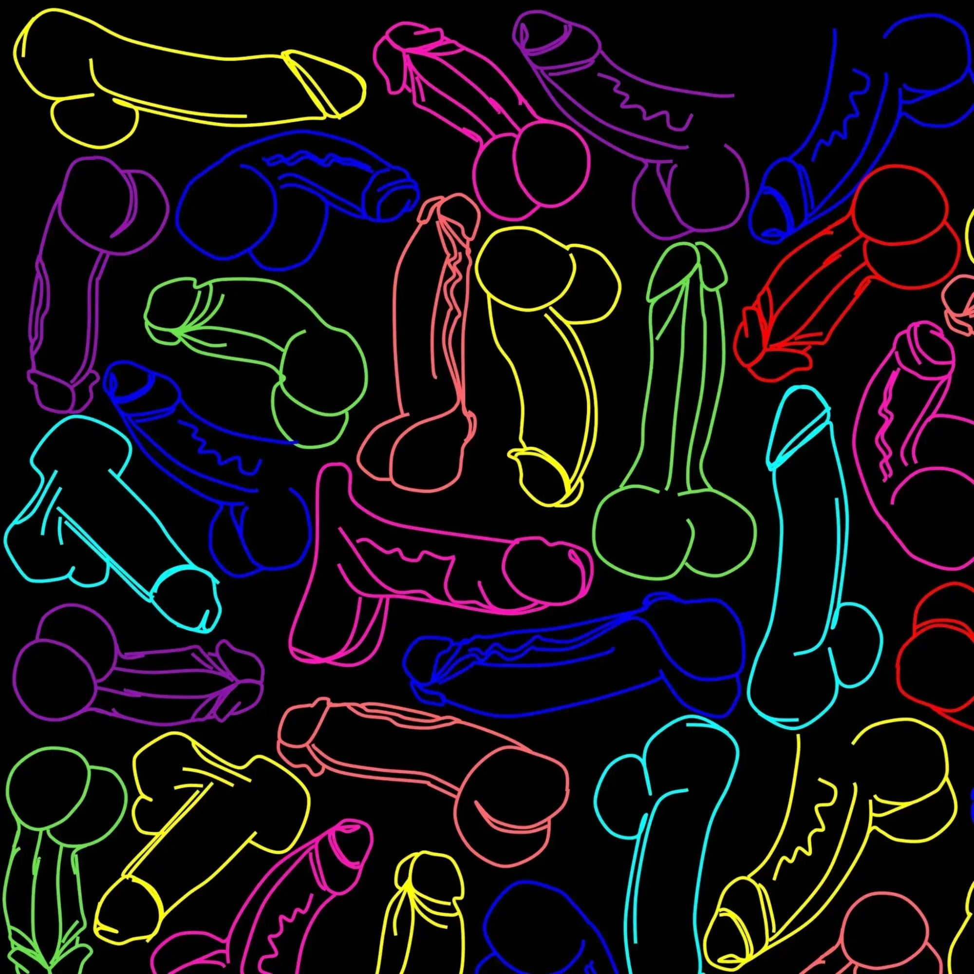 Neon cocks tank top featuring neon-colored outlined male genitalia patterns on a black background