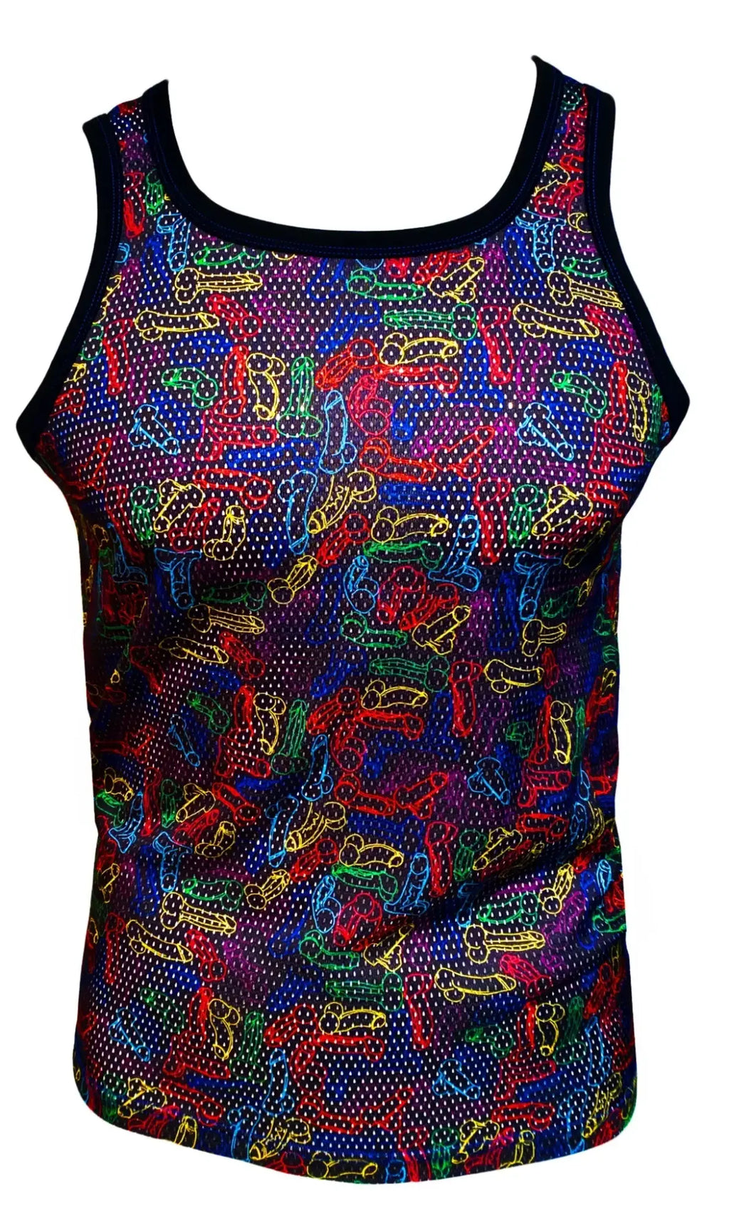 A vibrant neon cocks tank top made of multicolored mesh featuring bold neon bone shapes on a dark background