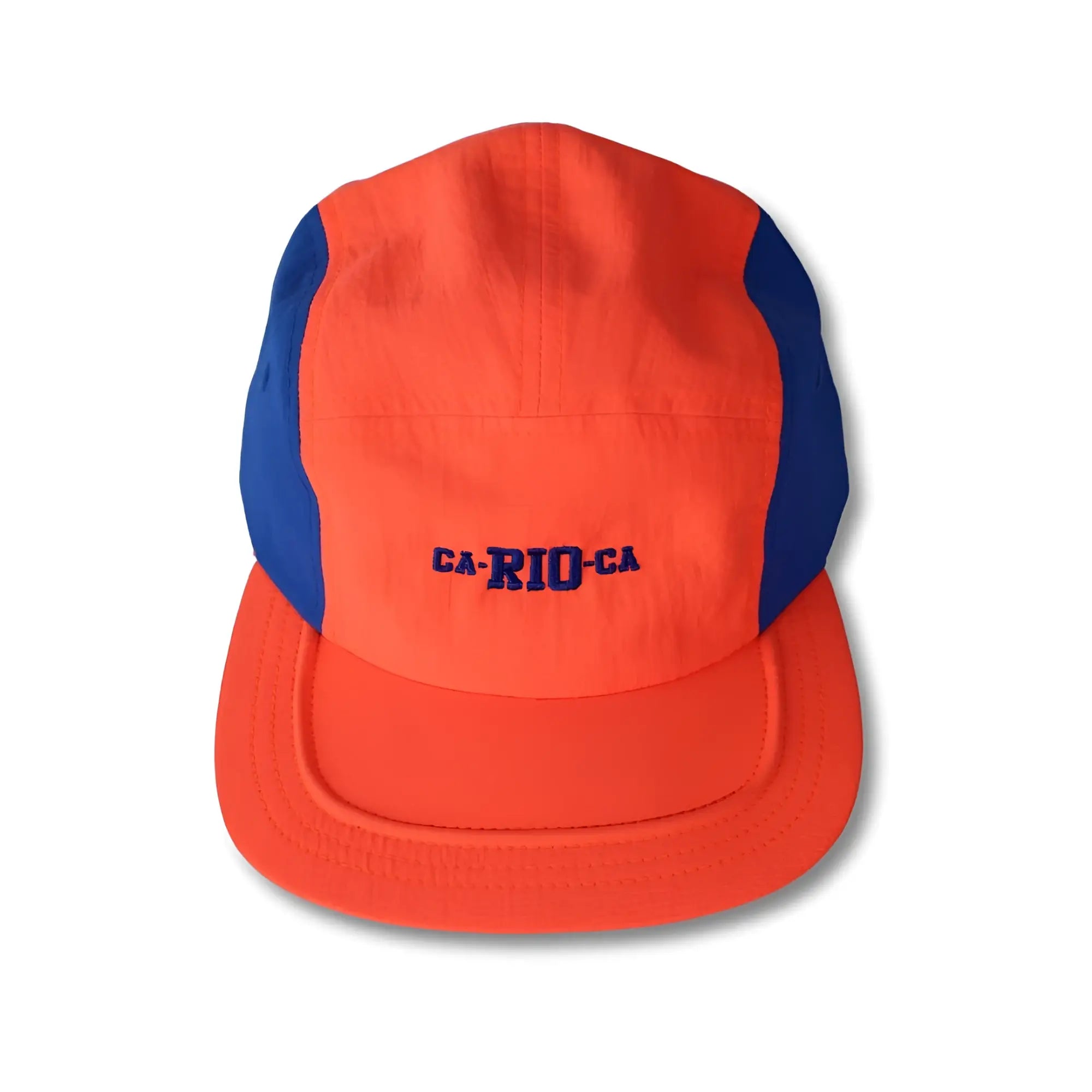 Vibrant orange and blue neon dream bike cap hat with ca-rio-ca embroidered in navy on a five-panel design