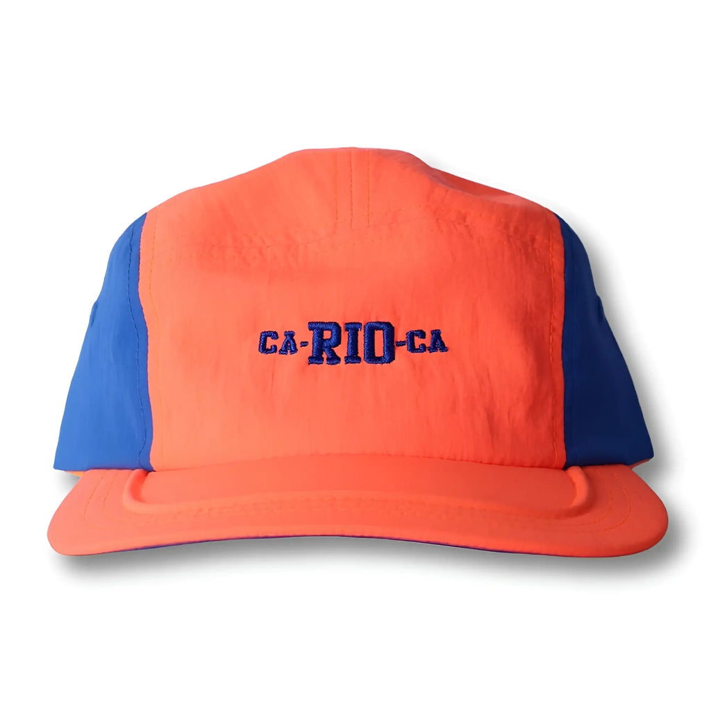Vibrant orange and blue two-tone five-panel bike cap hat with embroidered ca-ri0-ca logo for casual wear