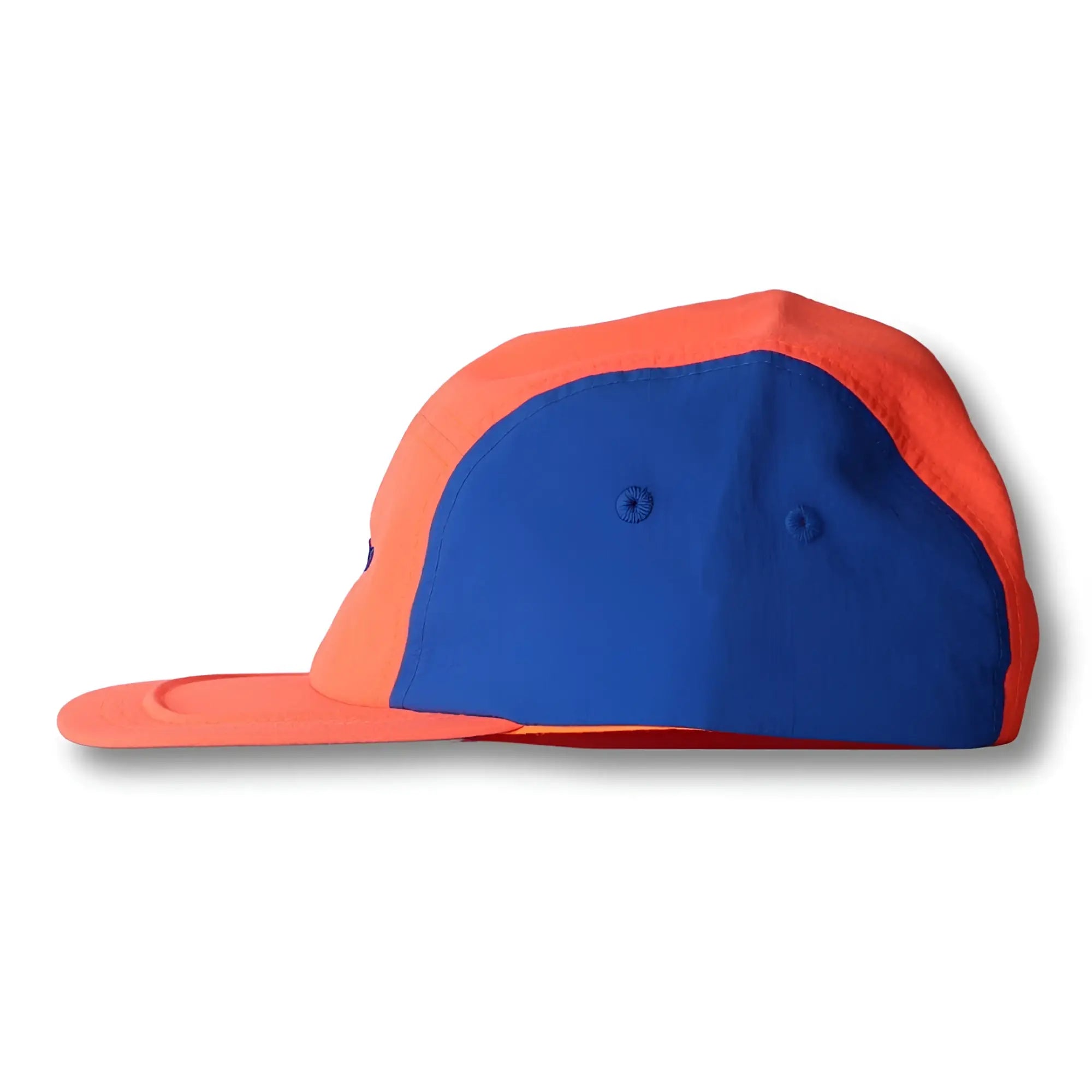 Vibrant orange and royal blue two-tone snapback cap with flat brim in neon dream bike cap hat style