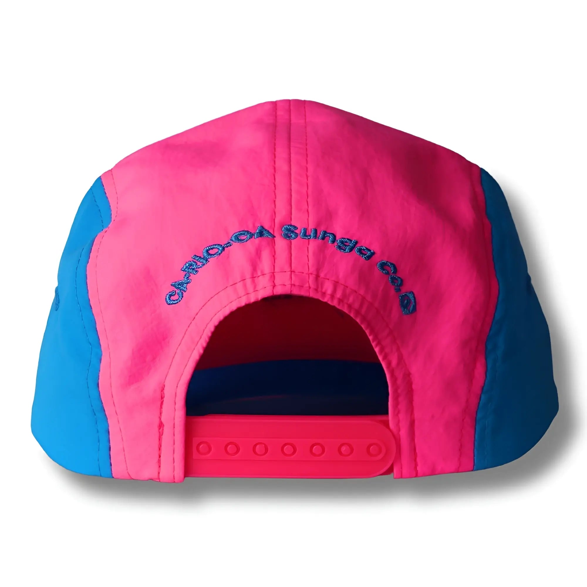 Back view of neon dream bike cap hat two tone snapback with vibrant pink and blue curved embroidered logo