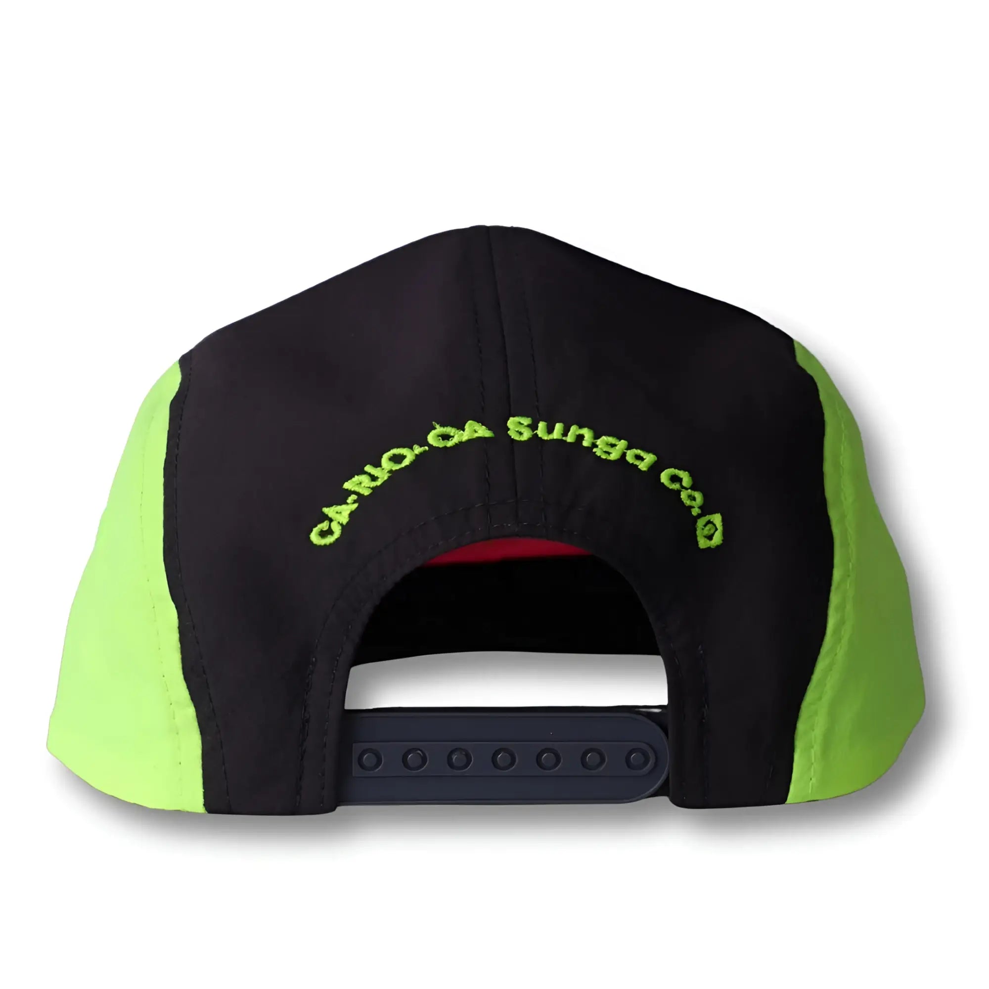 Black and neon green bike cap hat with curved bright yellow green embroidered logo in three tone design