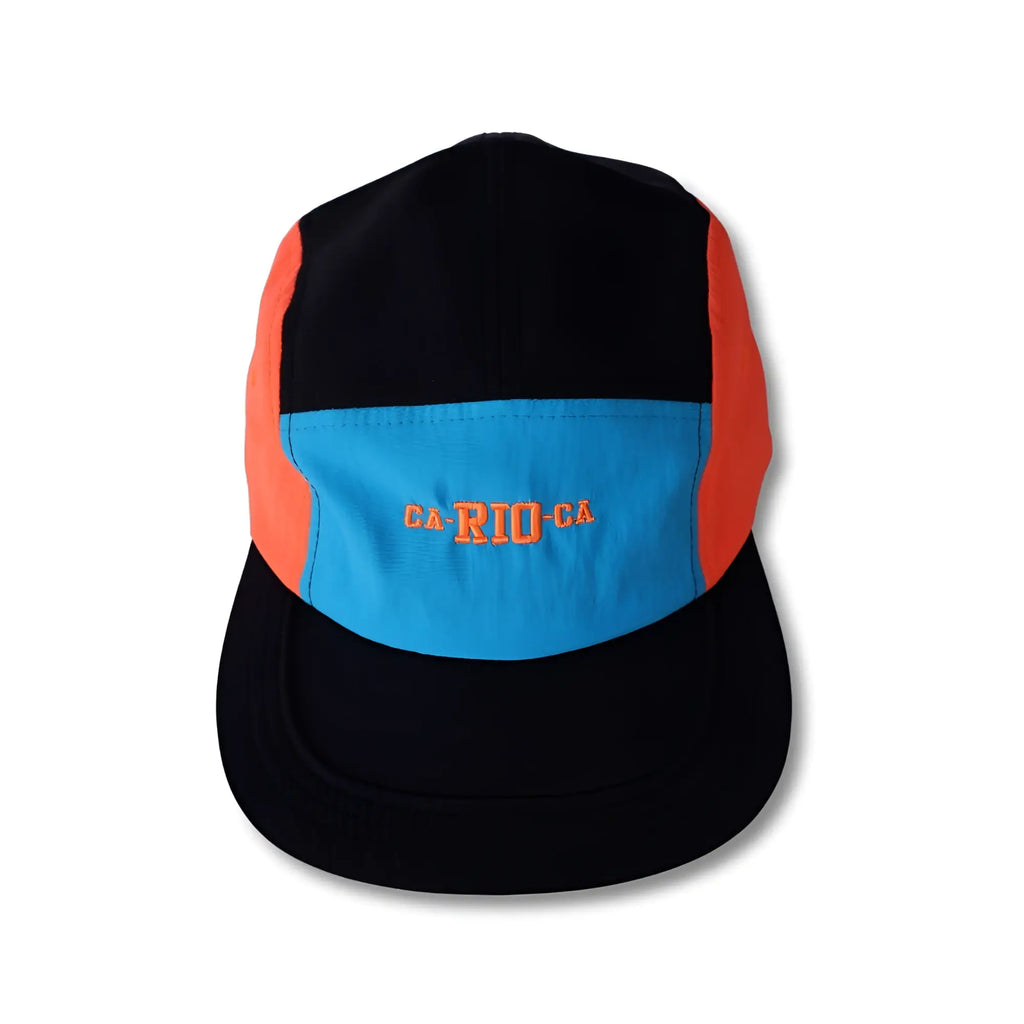 Neon dream bike cap hat in black orange and blue with ca rio ca embroidered in orange on the front panel