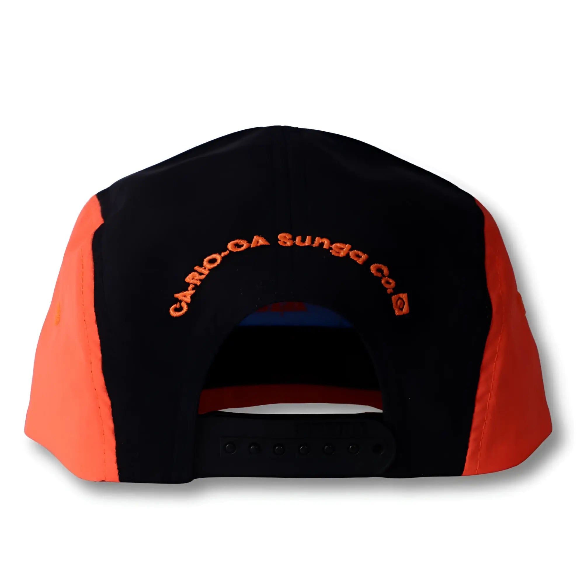 Black and orange snapback neon dream bike cap hat with embroidered ca-rio-ca sunga co logo and three-tone design