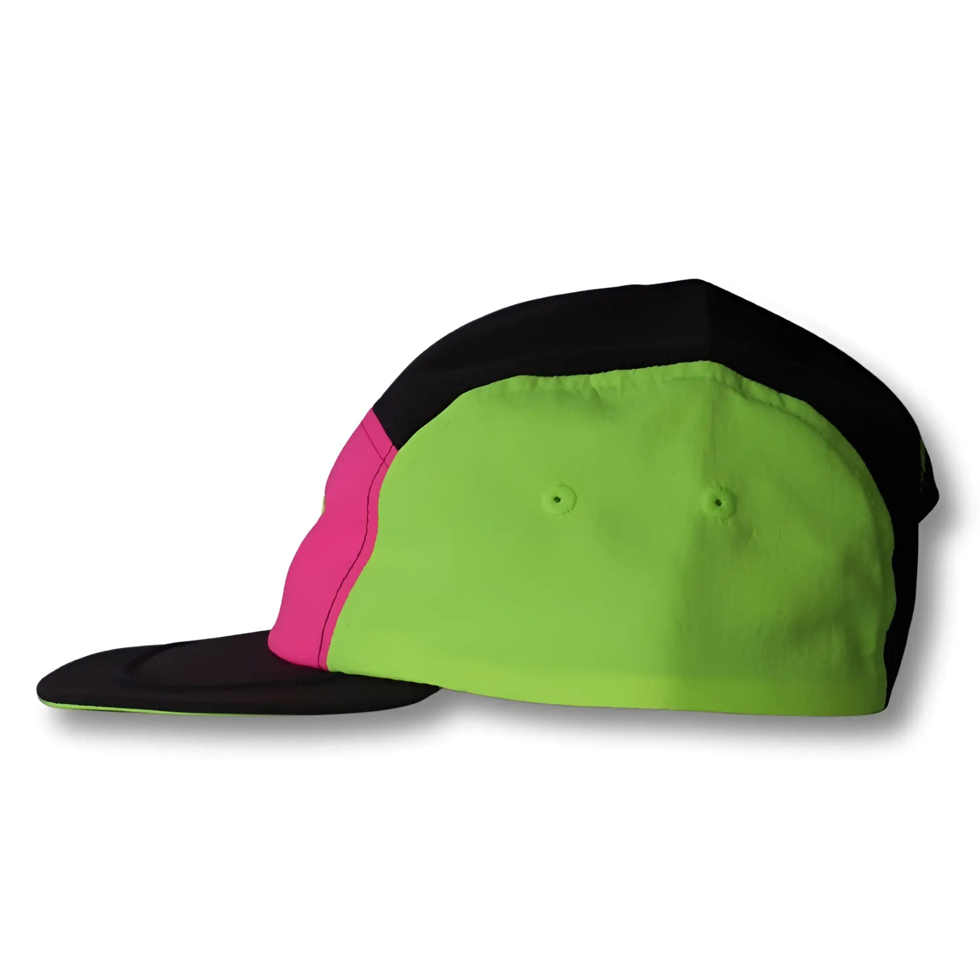 Neon dream bike cap hat featuring a vibrant neon green and black five panel design with bold pink accent stripe