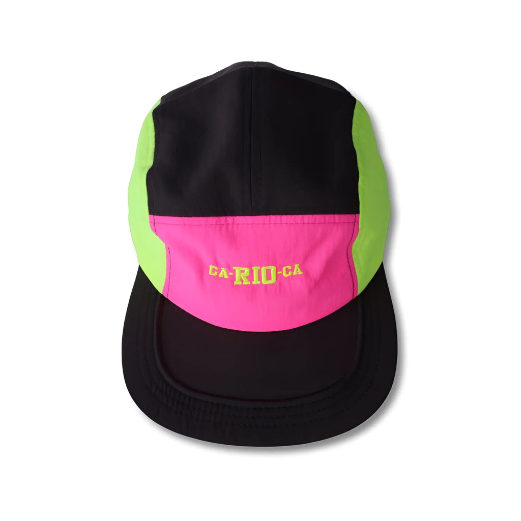 Neon dream bike cap hat in vibrant neon green and pink with black brim and yellow ca-rio-ca embroidery on front panel