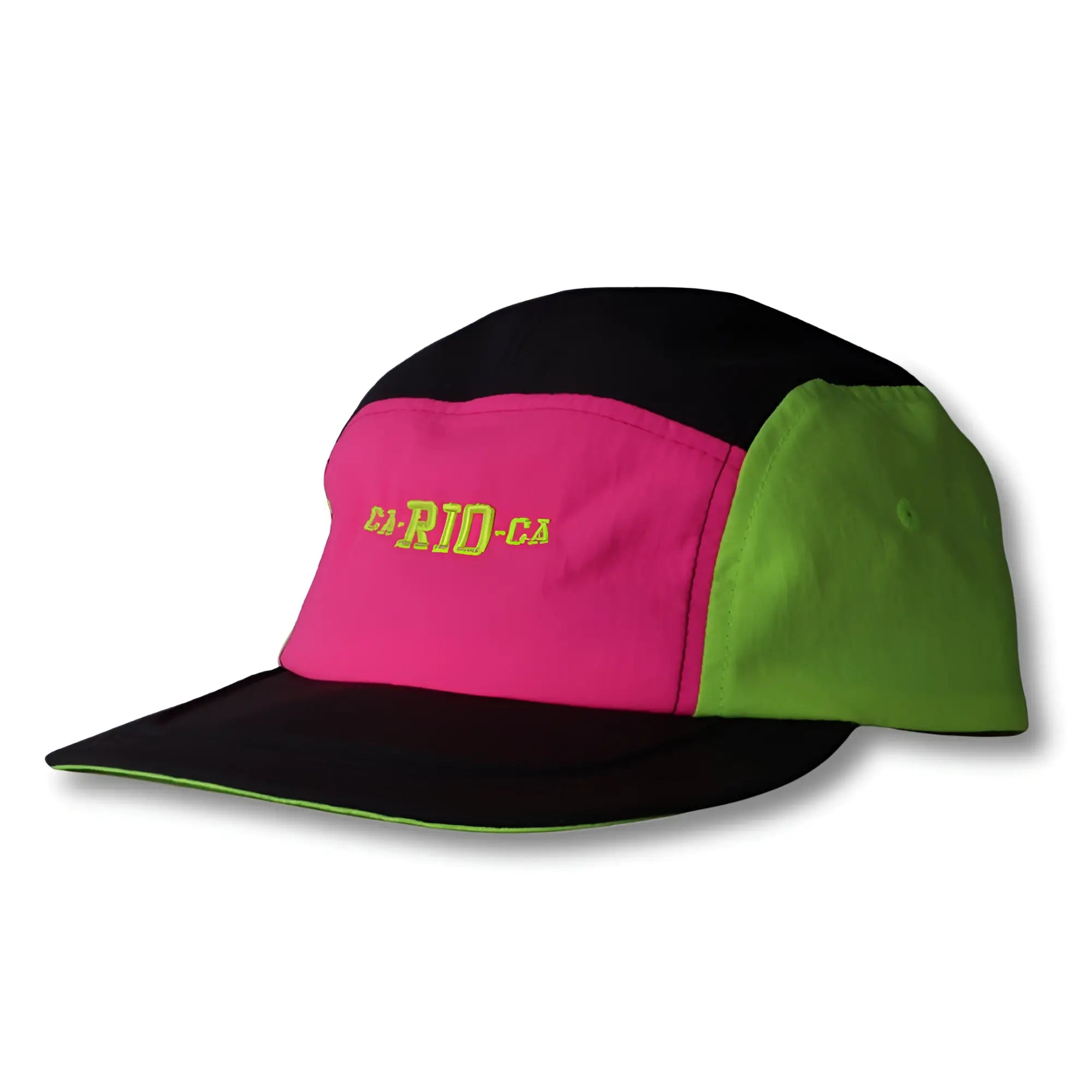 A vibrant neon dream bike cap hat featuring a five-panel design with black brim pink front and lime green sides
