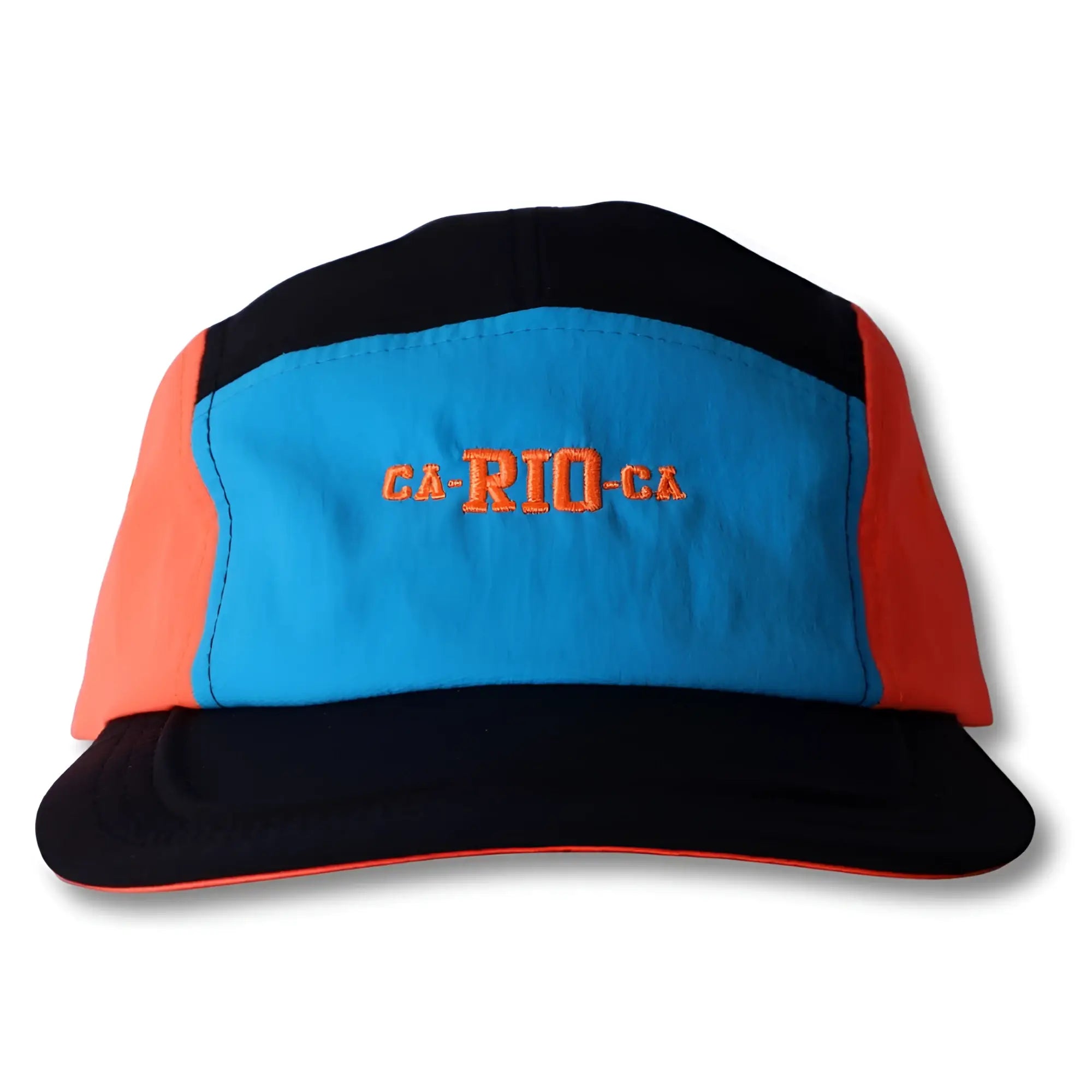 Neon dream bike cap hat with a black brim blue front panel orange side panels and bold orange ca-rio-ca embroidery