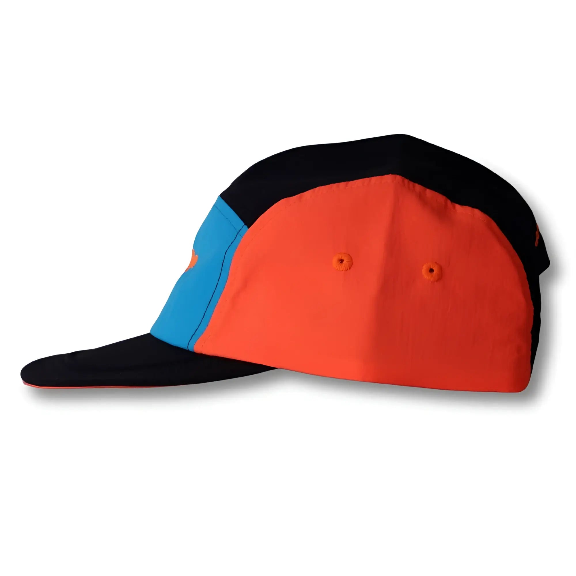 Neon dream bike cap hat featuring vibrant orange blue and black paneled fabric sections with a three tone design