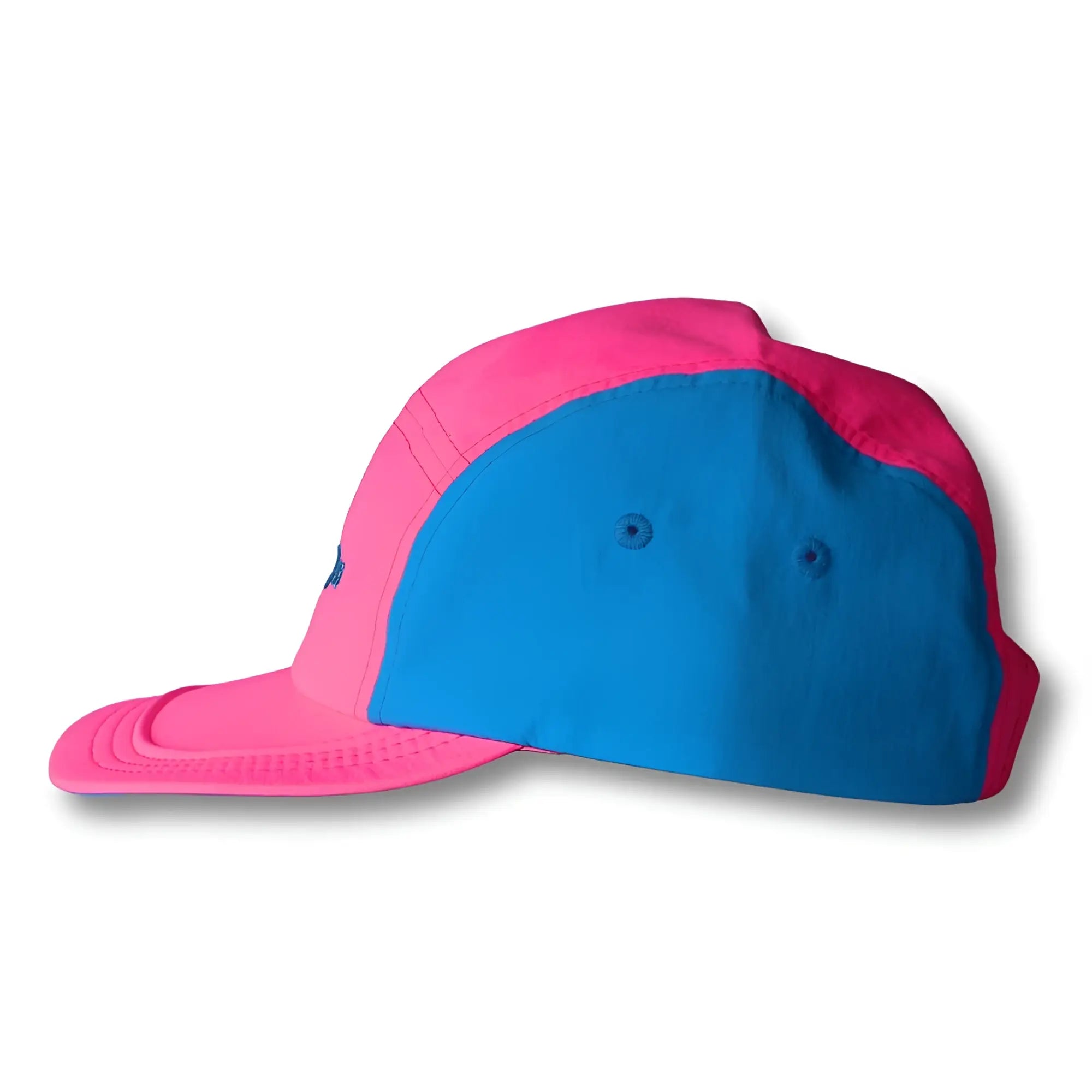 A vibrant pink and blue neon dream bike cap hat with structured crown and curved brim in two-tone design
