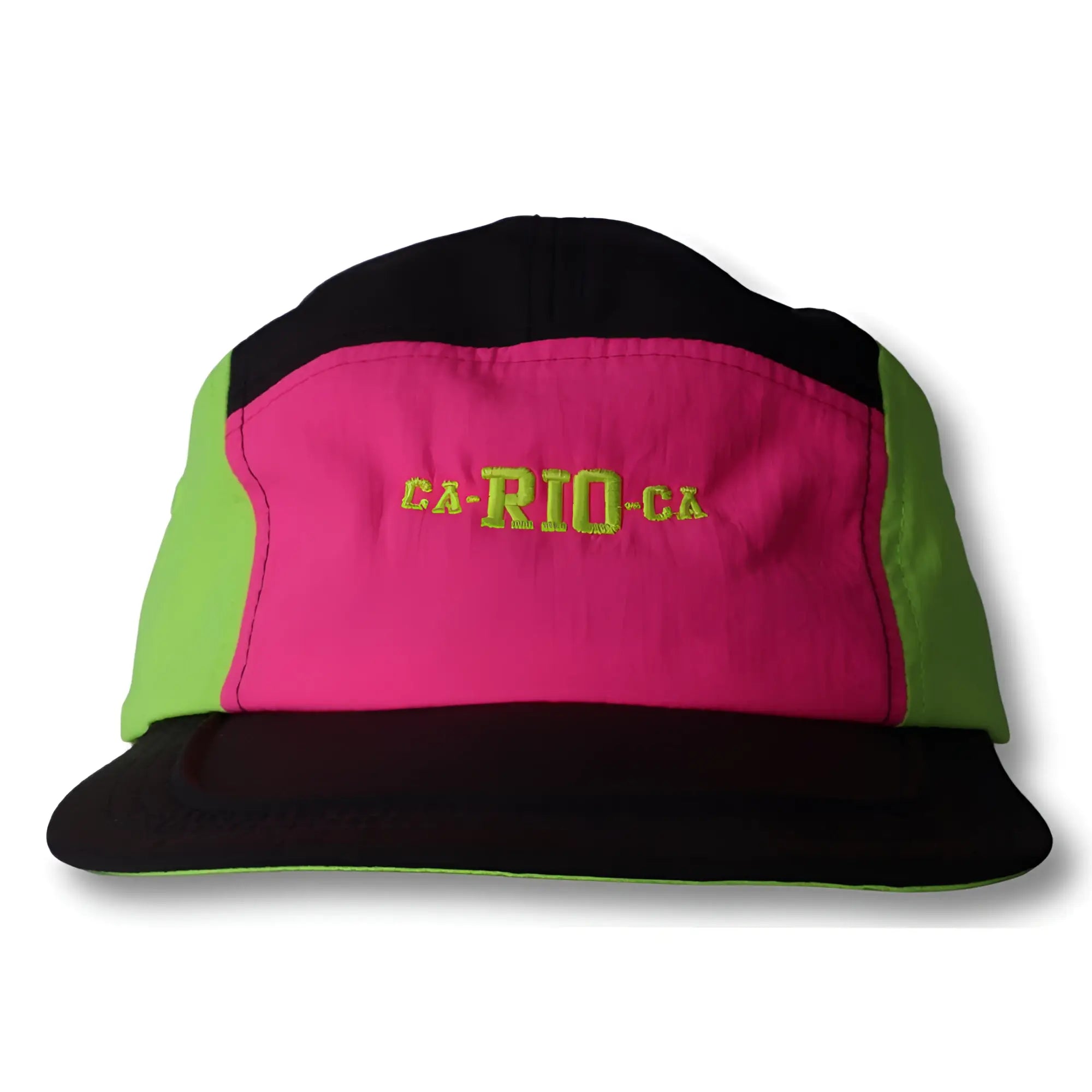 Neon dream bike cap hat with vibrant pink and neon green panels, black brim and crown, embroidered ca rio ca in yellow thread