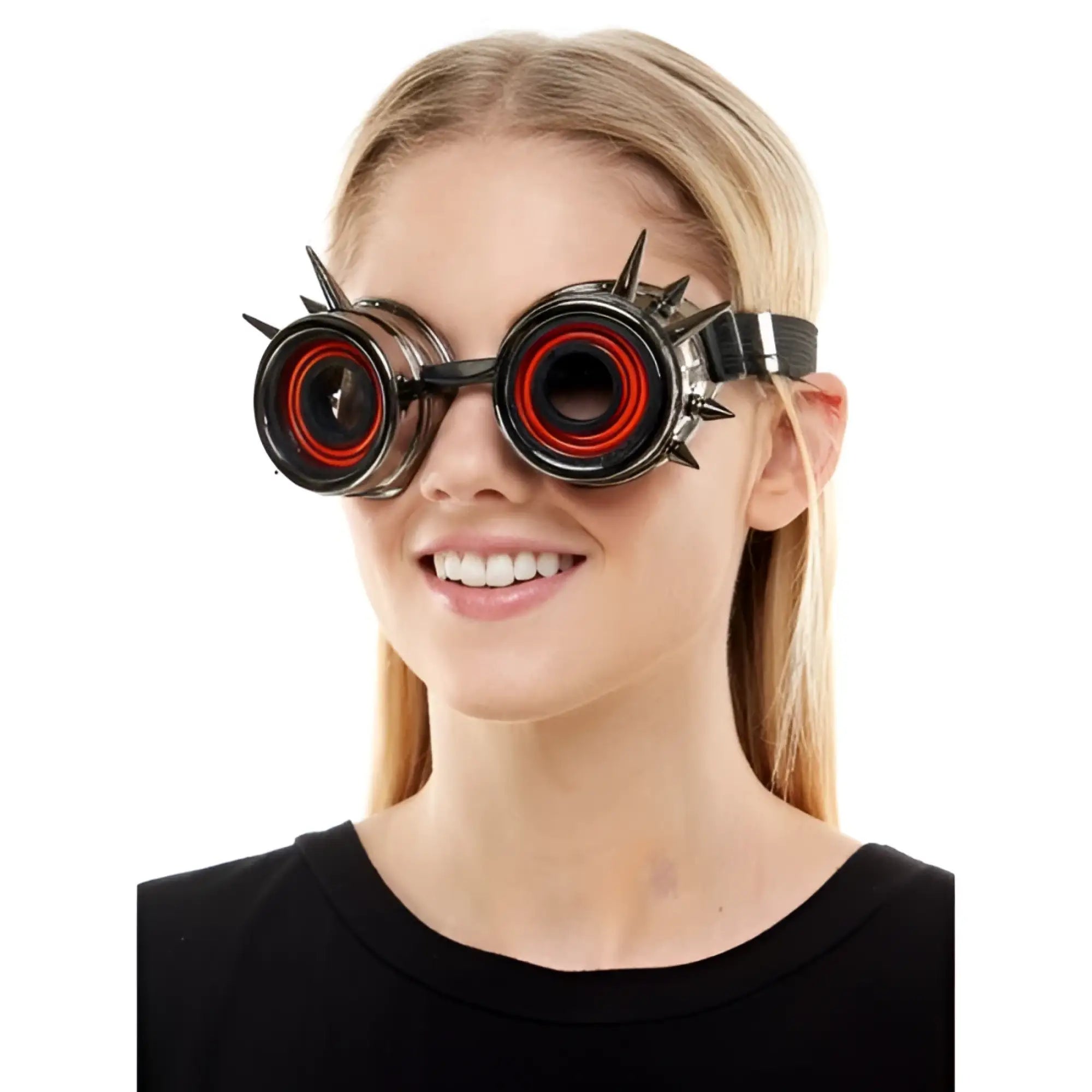 Black spiked steampunk neon light up goggles with red circular lenses and LED light accents for cosplay and events