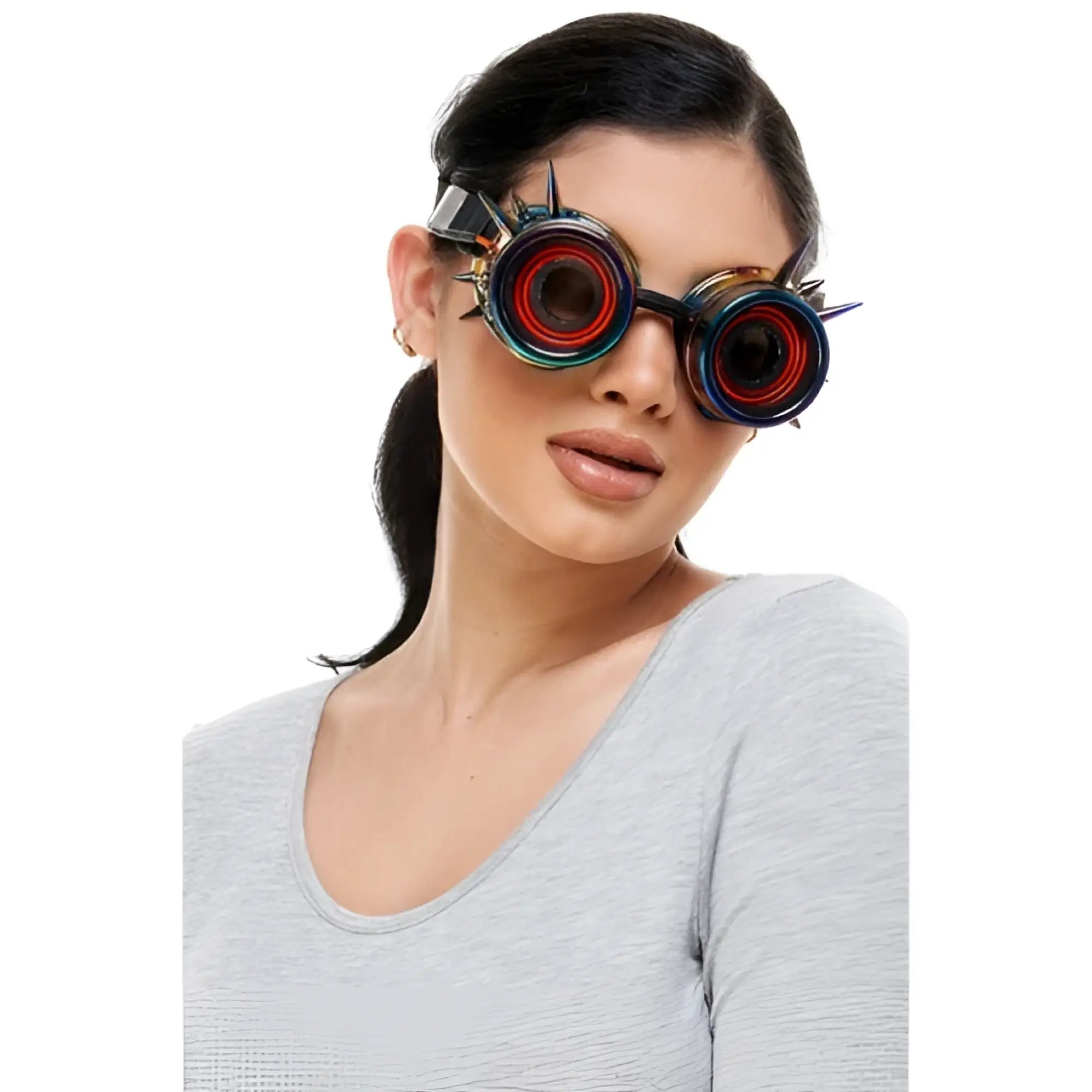 Neon light up steampunk goggles with red and black circular lenses and metallic frames adorned with sharp spikes