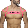 Bright pink neon multi band harness with black addicted text across the chest for edgy style and comfort