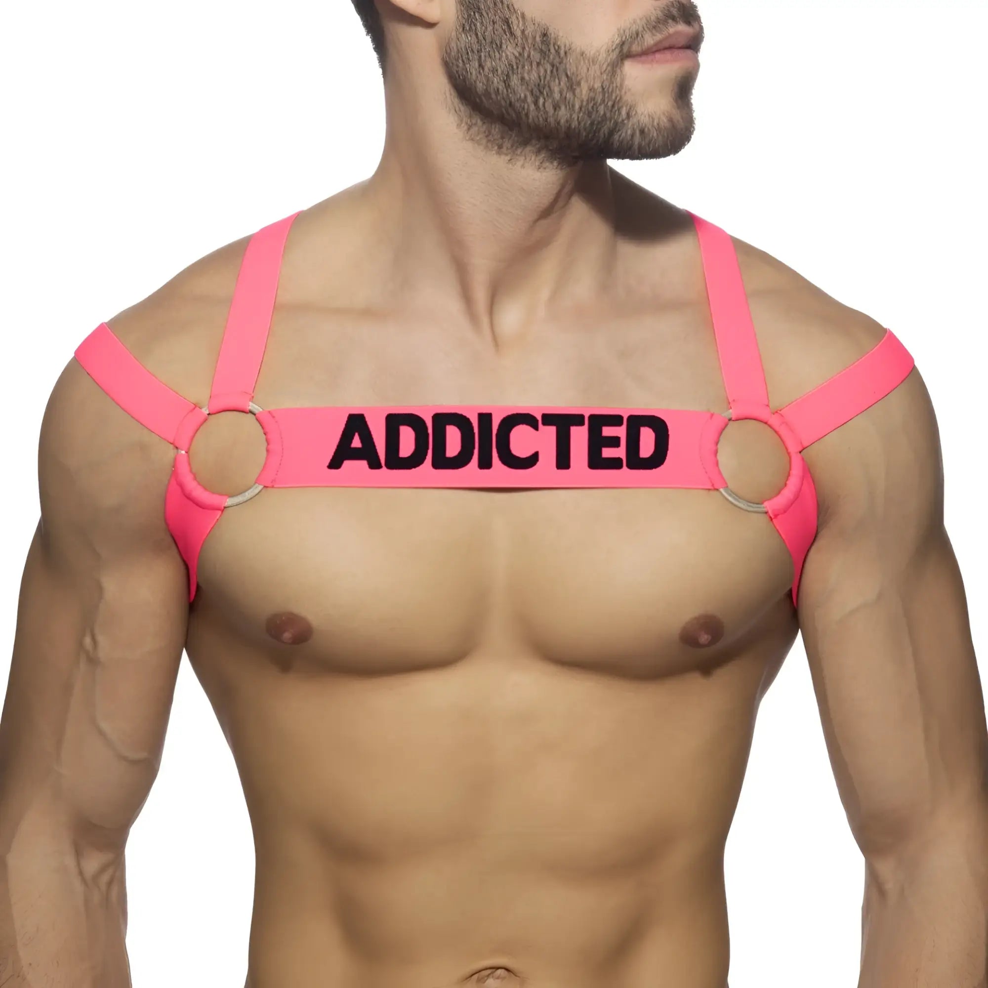 Bright pink neon multi band harness with black addicted text across the chest for edgy style and comfort