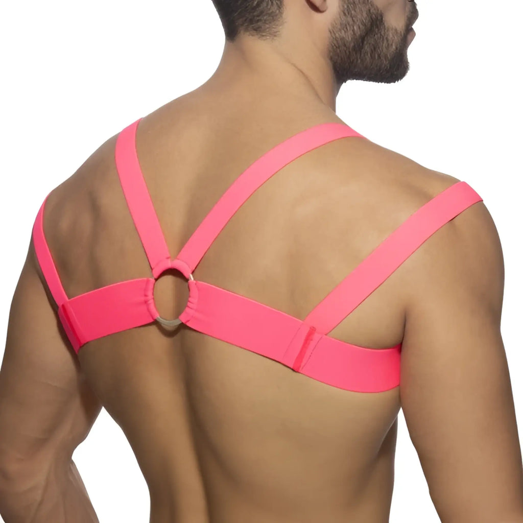 Bright pink elastic strap neon multi band harness with central circular ring for adjustable fit and style
