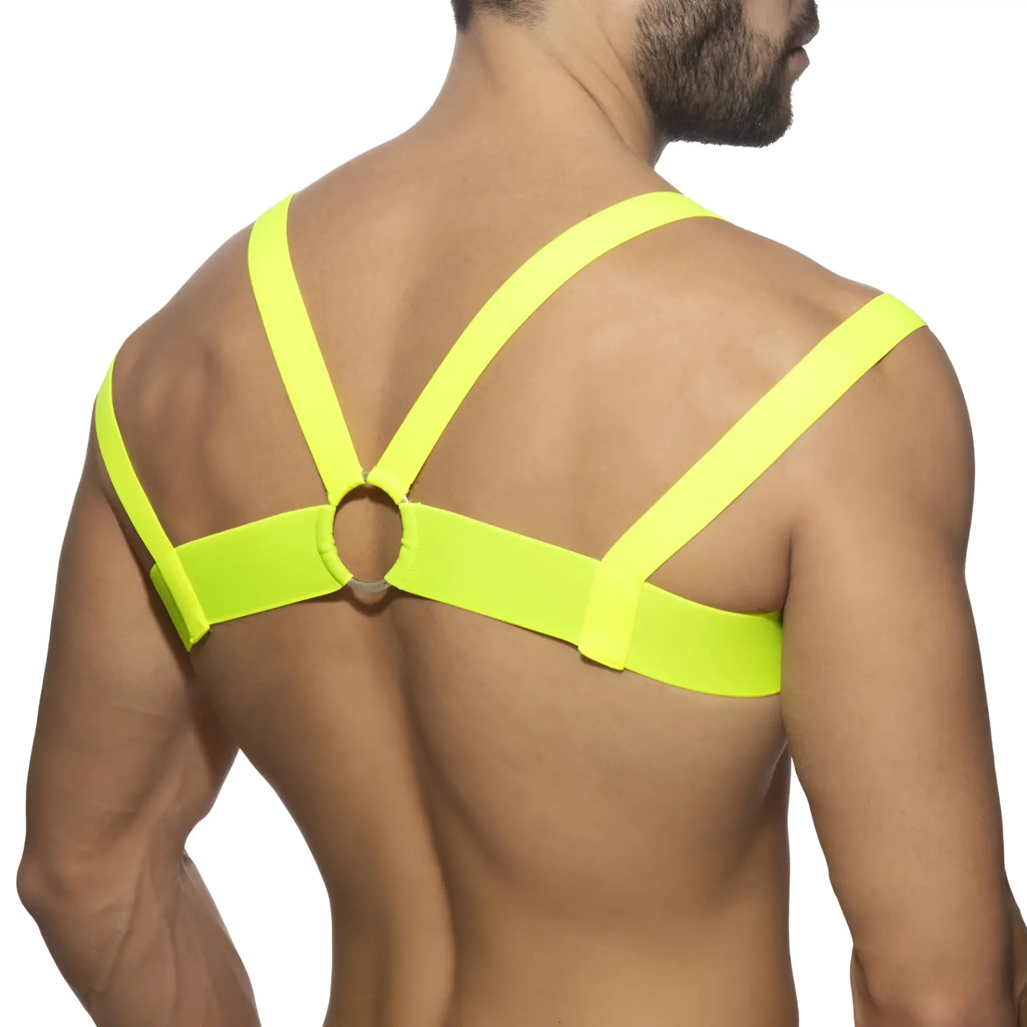 Neon multi band harness featuring a neon yellow elastic strap with a central circular ring for adjustable fit