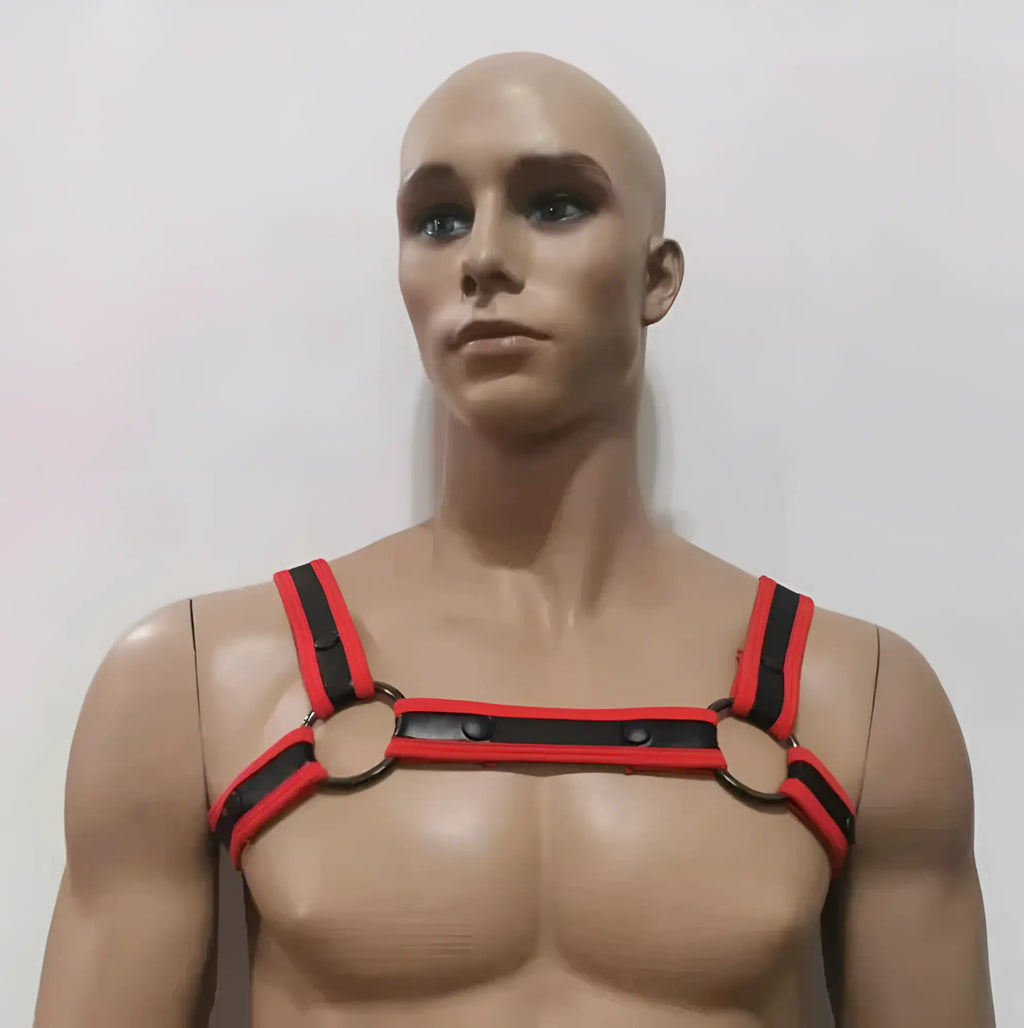 Red and black leather neoprene bulldog harness with metal rings designed for secure pet control