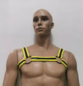 Yellow and black neoprene bulldog harness with leather straps and metal rings for secure dog control