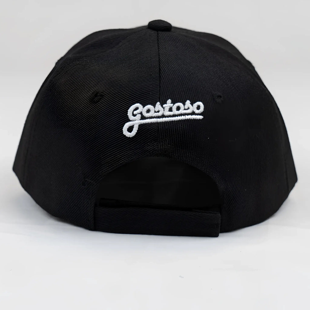 Black baseball cap with white 3d puff gostoso stripes logo embroidered on front for casual wear