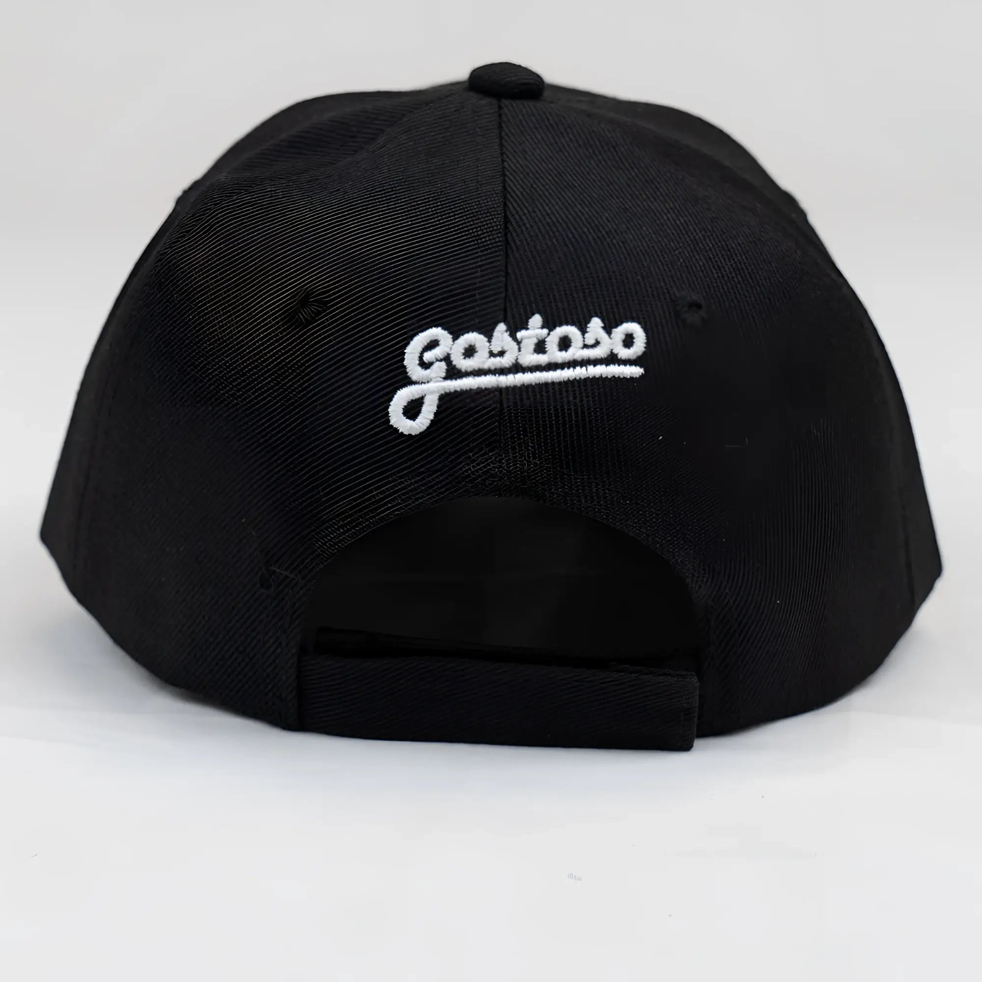 Black baseball cap with white 3d puff gostoso stripes logo embroidered on front for casual wear