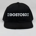 Black snapback cap with white embroidered 3D puff gostoso logo and triple horizontal stripes on each side
