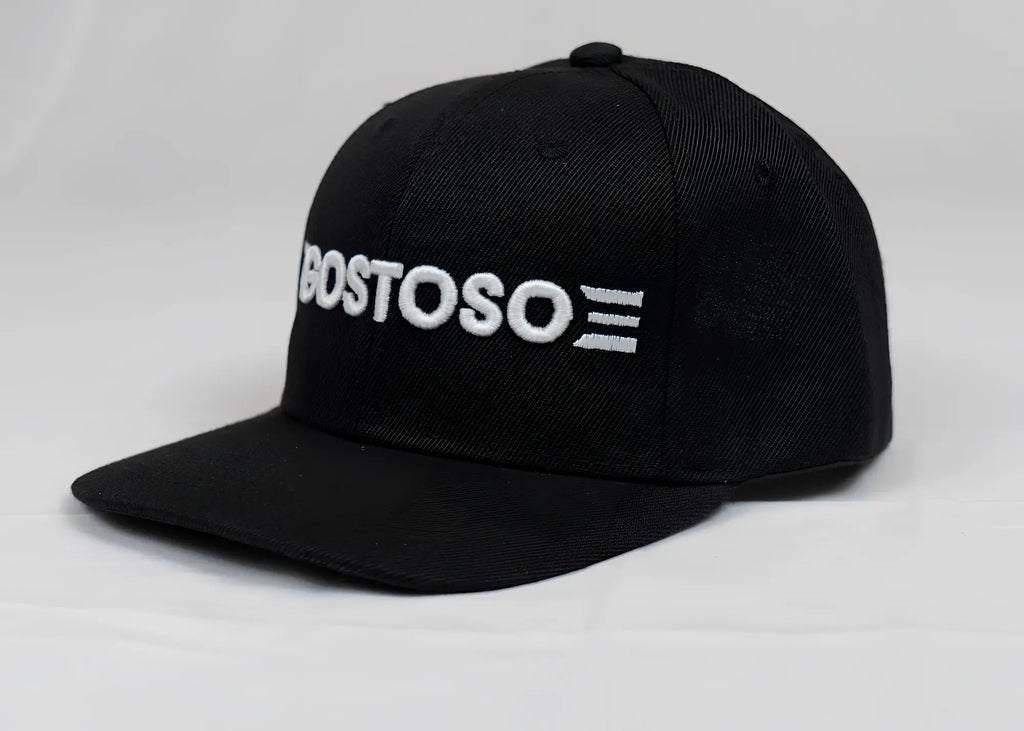 Black snapback cap with white 3d puff bostoso embroidered logo and three horizontal stripes on front panel