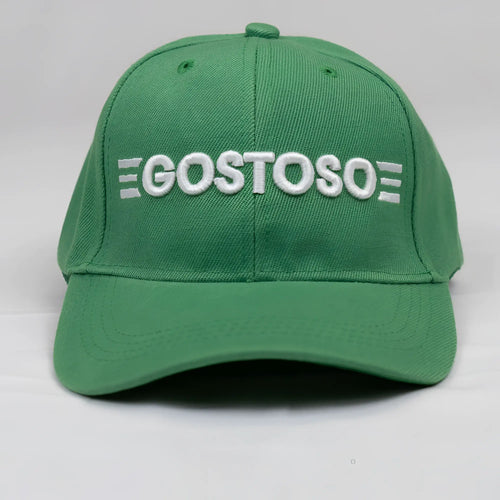 Green baseball cap with white 3d puff gostoso stripes logo embroidered on front panel