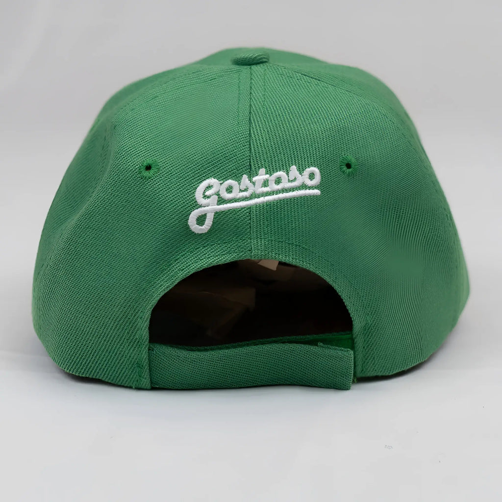 Green cotton baseball cap with white 3D puff gostoso embroidered logo for casual wear