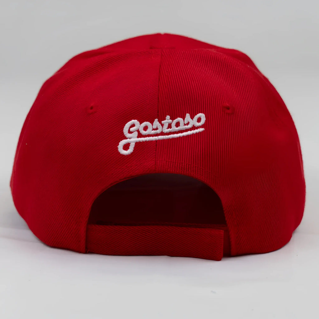 Red baseball cap with white 3d puff gostoso stripes logo embroidered for casual wear