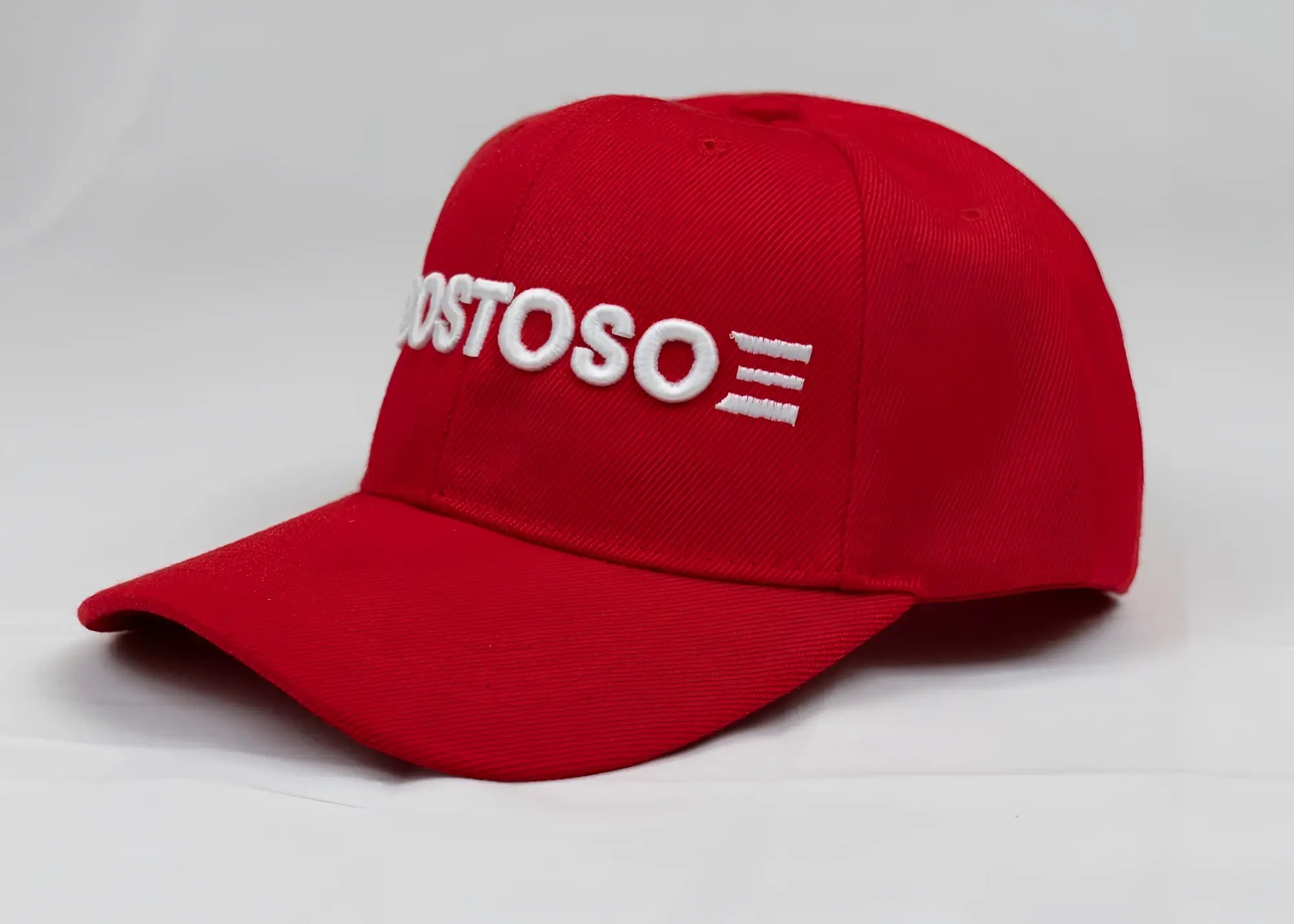 Red baseball cap with white 3D puff gostoso stripes logo embroidered on front panel for casual wear