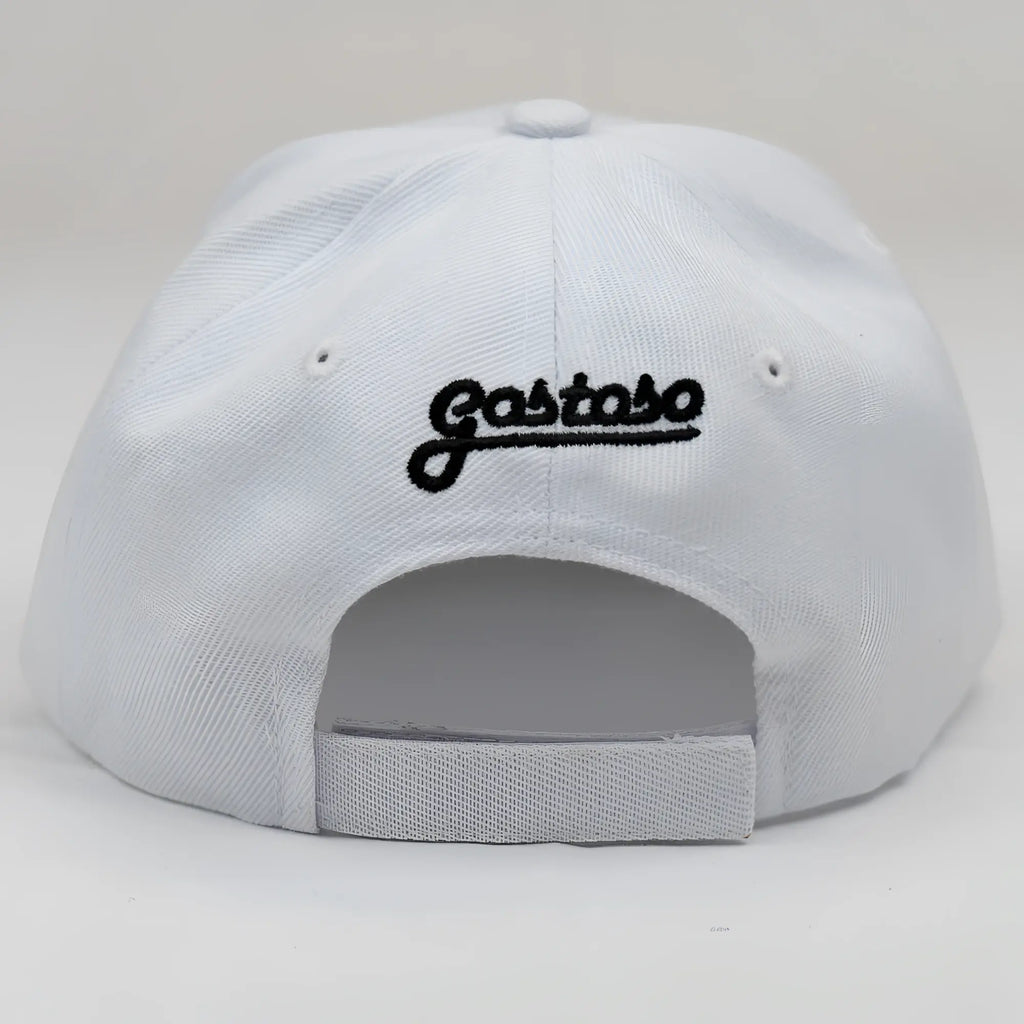 White baseball cap with black embroidered gastoso logo on the back featuring 3d puff stripes design
