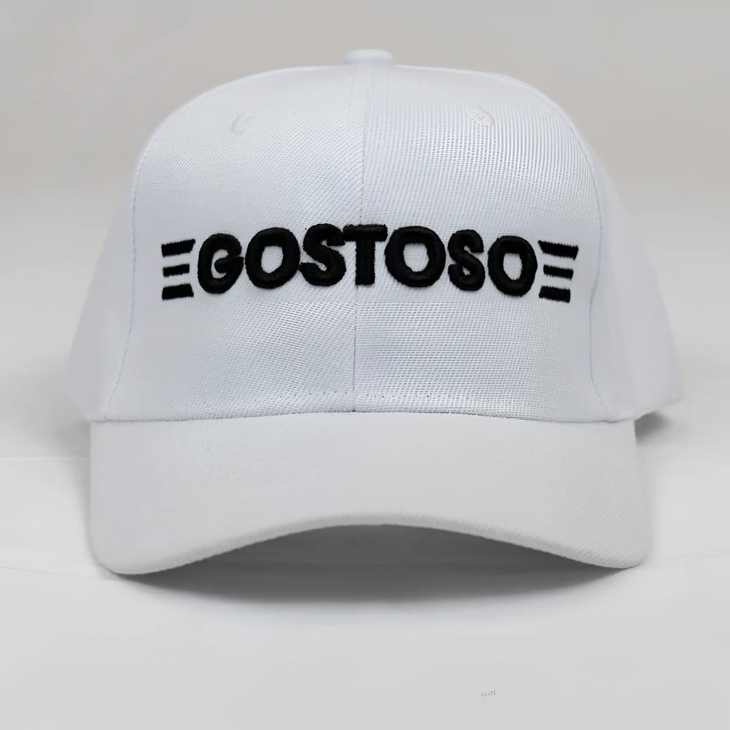 White baseball cap with black 3D puff gostoso logo and six horizontal stripes embroidered on front panel