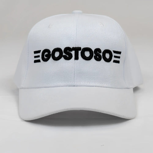 White baseball cap with black 3D puff gostoso logo and six horizontal stripes embroidered on front panel