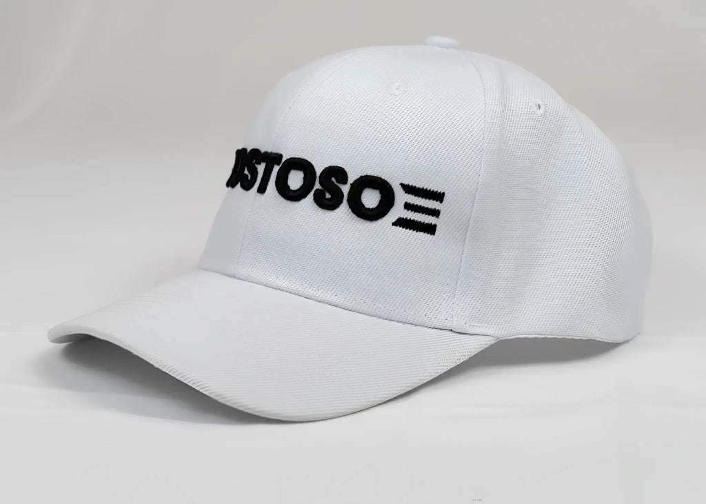 White baseball cap with black embroidered astoso logo featuring 3d puff gostoso stripes design