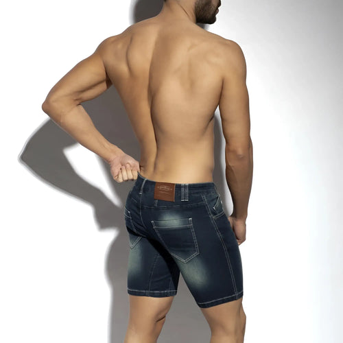 Dark blue denim bermuda jeans shorts with faded wash and stitched pockets visible from the back side