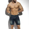 Dark blue denim bermuda jeans shorts with faded wash and classic stitching in a new denim style
